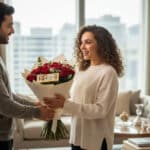 Hombre joven entrega a una mujer sonriente un ramo de rosas rojas envueltas en papel blanco dentro de un departamento luminoso con ventanales