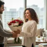 Hombre joven entrega a una mujer sonriente un ramo de rosas rojas envueltas en papel blanco dentro de un departamento luminoso con ventanales