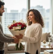 Hombre joven entrega a una mujer sonriente un ramo de rosas rojas envueltas en papel blanco dentro de un departamento luminoso con ventanales