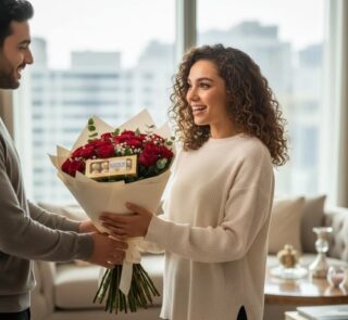 Hombre joven entrega a una mujer sonriente un ramo de rosas rojas envueltas en papel blanco dentro de un departamento luminoso con ventanales