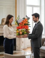 Hombre con traje formal entrega a una mujer una canasta de mimbre con arreglo de flores naranjas, lirios y frutas variadas como manzanas, kiwis, uvas y plátanos en una sala luminosa con chimenea de mármol.