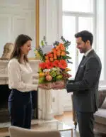 Hombre con traje formal entrega a una mujer una canasta de mimbre con arreglo de flores naranjas, lirios y frutas variadas como manzanas, kiwis, uvas y plátanos en una sala luminosa con chimenea de mármol.