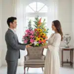 Hombre con traje gris y mujer con vestido blanco sosteniendo juntos un gran arreglo de flores de colores en una sala luminosa y elegante