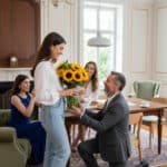 Hombre de traje arrodillado entregando un ramo de girasoles a una mujer joven en un salón luminoso, con dos mujeres sentadas al fondo observando y sonriendo