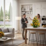 Hombre y mujer en cocina luminosa decorando un gran ramo de girasoles sobre una isla de madera