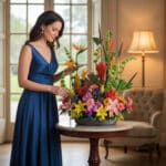 mujer joven con vestido largo azul arreglando un gran arreglo floral tropical sobre una mesa redonda en un salón elegante con ventanales y lámpara encendida