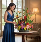 mujer joven con vestido largo azul arreglando un gran arreglo floral tropical sobre una mesa redonda en un salón elegante con ventanales y lámpara encendida