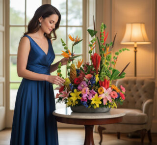 mujer joven con vestido largo azul arreglando un gran arreglo floral tropical sobre una mesa redonda en un salón elegante con ventanales y lámpara encendida