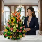 Mujer con traje azul marino junto a un arreglo de flores y frutas sobre un mostrador de mármol en un salón elegante