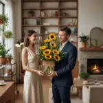 Mujer con vestido crema recibe de un hombre con traje azul un gran ramo de girasoles en un salón moderno con chimenea encendida y estantería al fondo