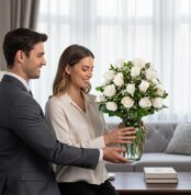 Hombre y mujer sonrientes colocan un jarrón de cristal con rosas blancas sobre una mesa en un salón moderno y luminoso