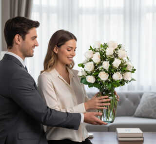 Hombre y mujer sonrientes colocan un jarrón de cristal con rosas blancas sobre una mesa en un salón moderno y luminoso