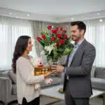 Mujer joven con peluche blanco y caja de bombones recibe de un hombre un gran ramo de rosas rojas en una sala de estar moderna y luminosa