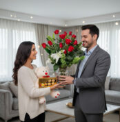 Mujer joven con peluche blanco y caja de bombones recibe de un hombre un gran ramo de rosas rojas en una sala de estar moderna y luminosa
