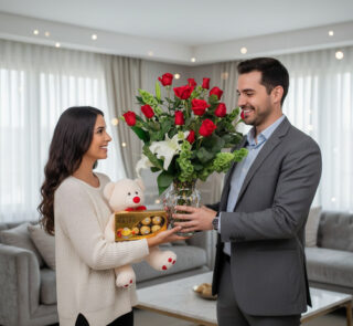 Mujer joven con peluche blanco y caja de bombones recibe de un hombre un gran ramo de rosas rojas en una sala de estar moderna y luminosa