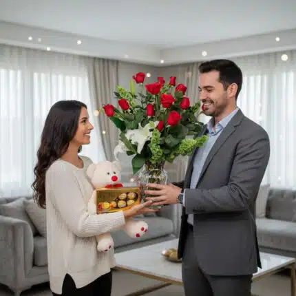 Mujer joven con peluche blanco y caja de bombones recibe de un hombre un gran ramo de rosas rojas en una sala de estar moderna y luminosa