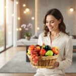 Mujer sonriente con camisa beige sosteniendo una canasta de mimbre llena de frutas variadas en una sala de estar moderna y luminosa