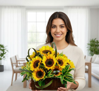 Mujer sonriente con suéter beige sostiene una canasta de mimbre con girasoles amarillos y follaje verde en una sala de estar moderna y luminosa