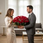 Hombre con traje gris entrega una gran canasta de rosas rojas a una mujer con vestido de satén blanco en una sala moderna y luminosa