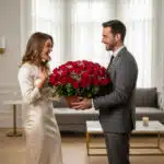 Hombre con traje gris entrega una gran canasta de rosas rojas a una mujer con vestido de satén blanco en una sala moderna y luminosa