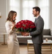 Hombre con traje gris entrega una gran canasta de rosas rojas a una mujer con vestido de satén blanco en una sala moderna y luminosa