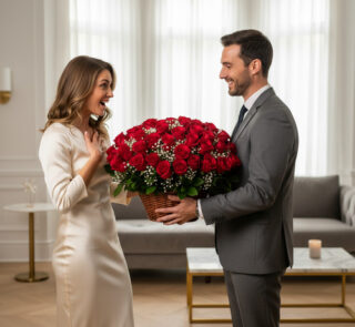 Hombre con traje gris entrega una gran canasta de rosas rojas a una mujer con vestido de satén blanco en una sala moderna y luminosa