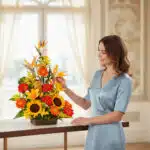 Mujer con vestido celeste observando un arreglo floral con girasoles, gerberas naranjas y flores amarillas sobre una mesa en una sala luminosa