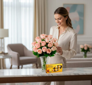 Mujer joven de pie junto a una mesa de mármol acomodando un ramo de rosas rosas en un jarrón de cristal, con una caja de bombones dorada al frente y una sala de estar luminosa al fondo