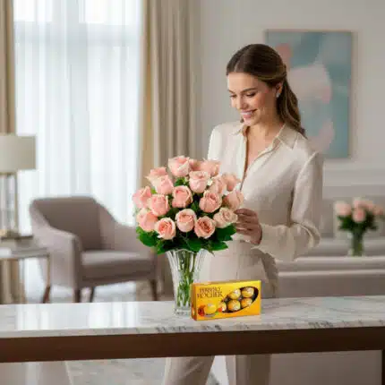 Mujer joven de pie junto a una mesa de mármol acomodando un ramo de rosas rosas en un jarrón de cristal, con una caja de bombones dorada al frente y una sala de estar luminosa al fondo