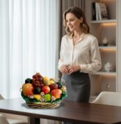 Mujer joven de pie junto a una mesa de madera con una canasta de frutas surtidas, incluyendo manzanas, uvas, peras y cítricos, en una oficina moderna con estantería al fondo