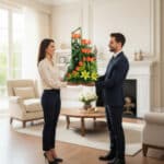 Hombre y mujer de pie en una sala de estar elegante sosteniendo juntos un gran arreglo floral con tulipanes naranjas y flores amarillas