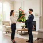 Hombre y mujer de pie en una sala de estar elegante sosteniendo juntos un gran arreglo floral con tulipanes naranjas y flores amarillas