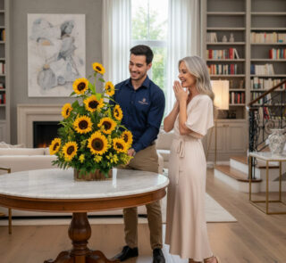 Hombre entregando un gran arreglo de girasoles a una mujer emocionada en una sala de estar elegante con mesa redonda de mármol