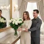 Mujer sonriente en vestido beige recibe ayuda de un hombre para colocar un gran ramo de rosas blancas en un jarrón de cristal sobre una consola de mármol en un salón elegante