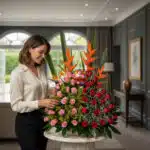Mujer sonriendo mientras acomoda un gran arreglo floral de cumpleaños con rosas rojas y rosas, aves del paraíso naranjas y follaje verde sobre una mesa redonda en una sala elegante