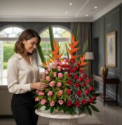 Mujer sonriendo mientras acomoda un gran arreglo floral de cumpleaños con rosas rojas y rosas, aves del paraíso naranjas y follaje verde sobre una mesa redonda en una sala elegante