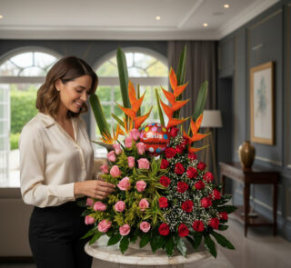 Mujer sonriendo mientras acomoda un gran arreglo floral de cumpleaños con rosas rojas y rosas, aves del paraíso naranjas y follaje verde sobre una mesa redonda en una sala elegante