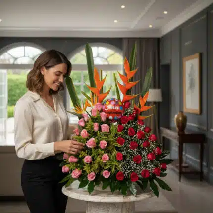 Mujer sonriendo mientras acomoda un gran arreglo floral de cumpleaños con rosas rojas y rosas, aves del paraíso naranjas y follaje verde sobre una mesa redonda en una sala elegante
