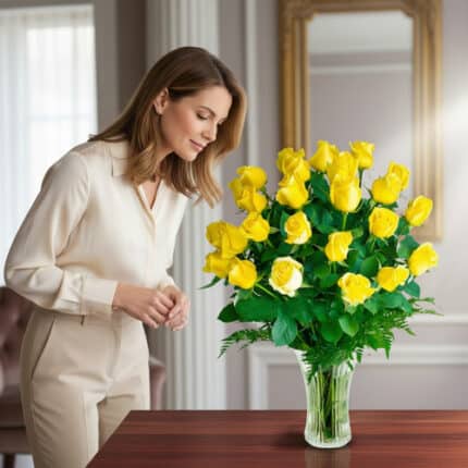 Mujer con blusa y pantalón beige inclinada sobre un gran ramo de rosas amarillas en un jarrón de cristal sobre mesa de madera en un salón elegante