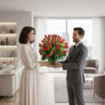 Hombre con traje gris entregando un gran ramo de rosas rojas a una mujer con vestido claro en una sala de estar luminosa y moderna