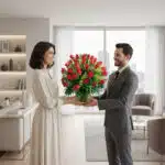 Hombre con traje gris entregando un gran ramo de rosas rojas a una mujer con vestido claro en una sala de estar luminosa y moderna
