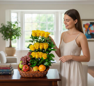 Mujer joven junto a una canasta de mimbre con rosas amarillas en varios niveles y frutas frescas sobre una mesa de madera en sala iluminada