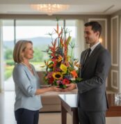 Mujer y hombre de pie en una sala luminosa mientras sostienen juntos un gran arreglo floral tropical con girasoles y flores de colores vivos