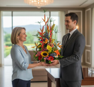 Mujer y hombre de pie en una sala luminosa mientras sostienen juntos un gran arreglo floral tropical con girasoles y flores de colores vivos
