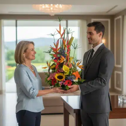 Mujer y hombre de pie en una sala luminosa mientras sostienen juntos un gran arreglo floral tropical con girasoles y flores de colores vivos