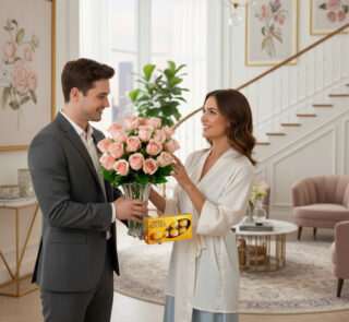 Hombre con traje gris entrega a una mujer un ramo de rosas rosadas y una caja de bombones en una sala de estar luminosa y elegante