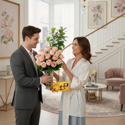 Hombre con traje gris entrega a una mujer un ramo de rosas rosadas y una caja de bombones en una sala de estar luminosa y elegante
