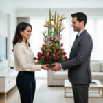 Mujer y hombre de pie frente a frente sosteniendo juntos un gran arreglo floral con rosas rojas, lirios rosas y aves del paraíso en una sala de estar luminosa y moderna