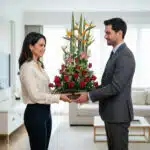 Mujer y hombre de pie frente a frente sosteniendo juntos un gran arreglo floral con rosas rojas, lirios rosas y aves del paraíso en una sala de estar luminosa y moderna