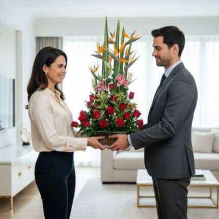 Mujer y hombre de pie frente a frente sosteniendo juntos un gran arreglo floral con rosas rojas, lirios rosas y aves del paraíso en una sala de estar luminosa y moderna